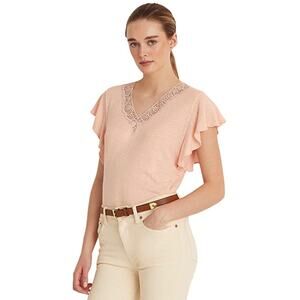 NWT Lauren Ralph Lauren Jersey Flutter-Sleeve Top – Pale Pink – Petite Large